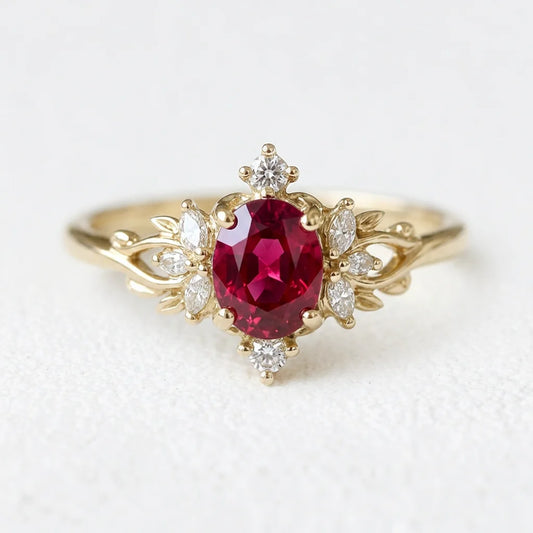 Roselight Briar | Oval Ruby Engagement Ring with Scattered Diamond Leaves