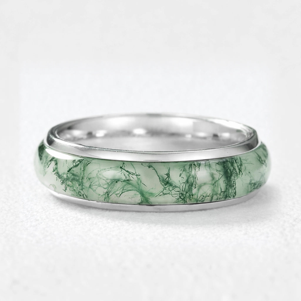 Atlas Arc | Eternal Curved Moss Agate Inlay Wedding Band.