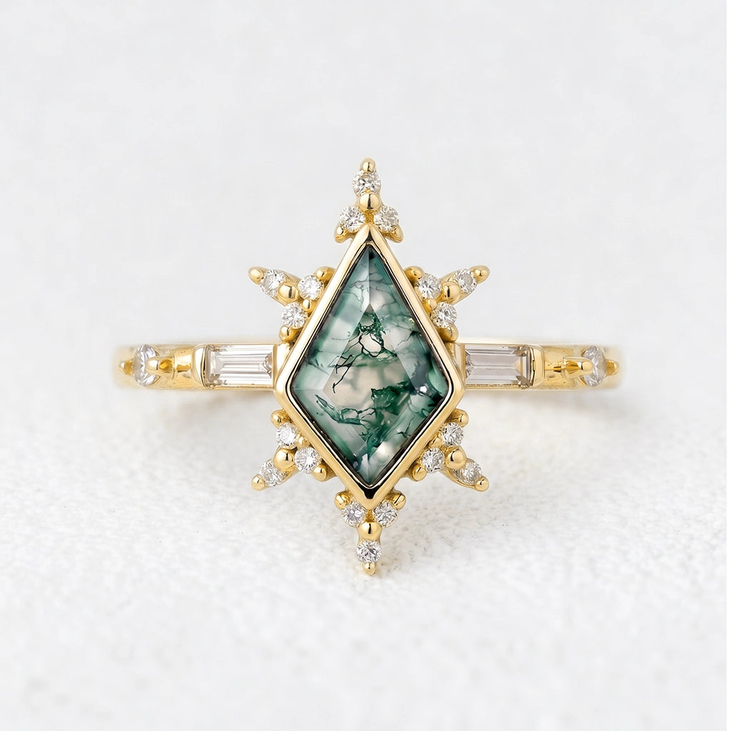 Nova’s Flare | Kite Cut Moss Agate Engagement Ring