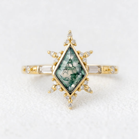 Nova’s Flare | Kite Cut Moss Agate Engagement Ring