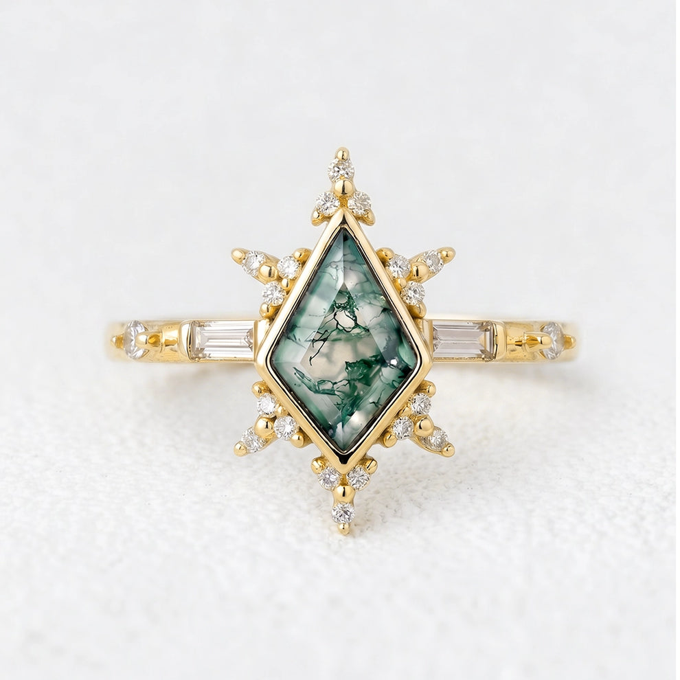 Nova’s Flare | Kite Cut Moss Agate Engagement Ring