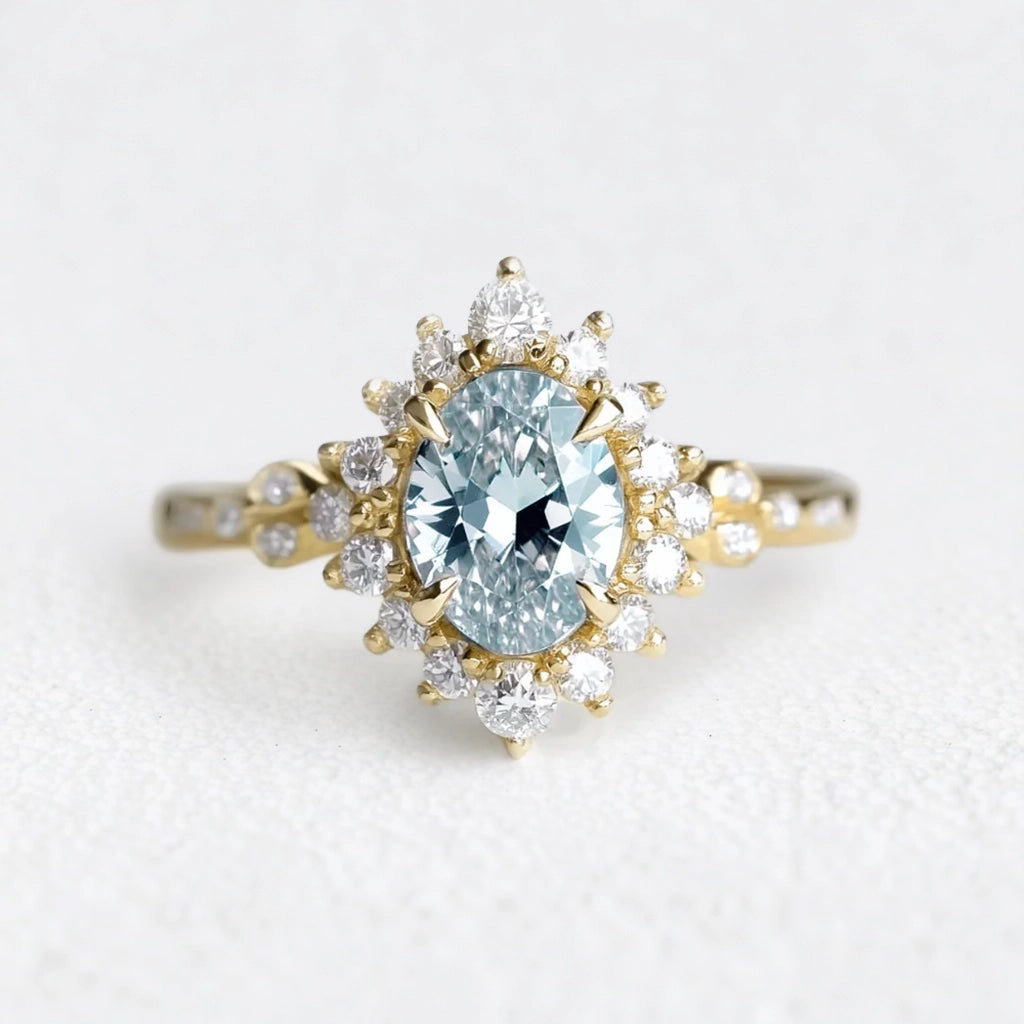 Theia’s Tide | Oval Pink Aquamarine Halo Engagement Ring.