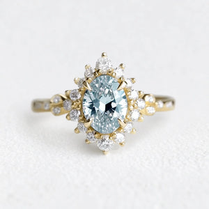 Theia’s Tide | Oval Pink Aquamarine Halo Engagement Ring.