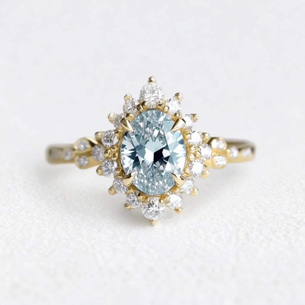 Theia’s Tide | Oval Pink Aquamarine Halo Engagement Ring.