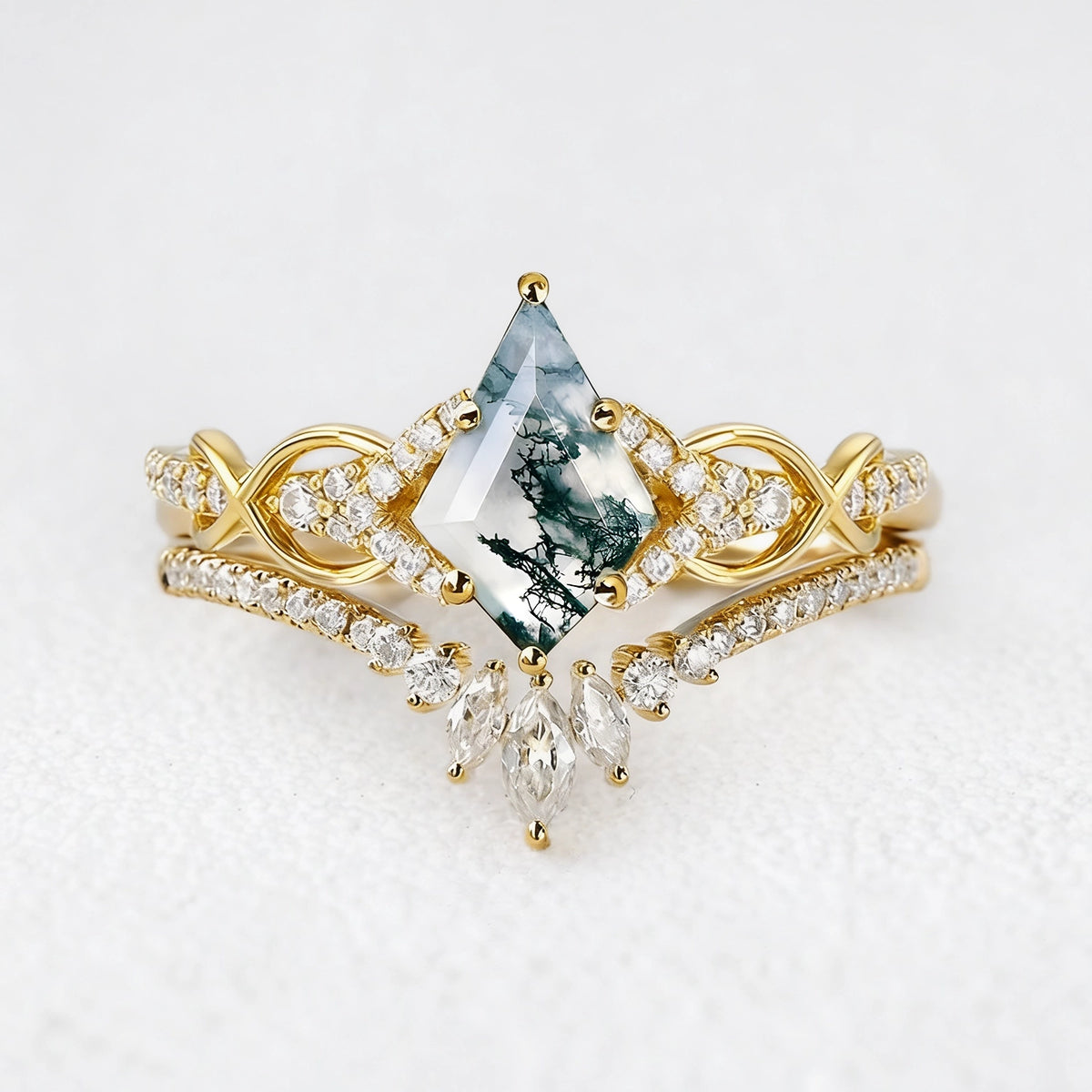 Vivienne’s Greensward | Kite Cut Moss Agate Chevron Bridal Duo