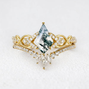 Vivienne’s Greensward | Kite Cut Moss Agate Chevron Bridal Duo