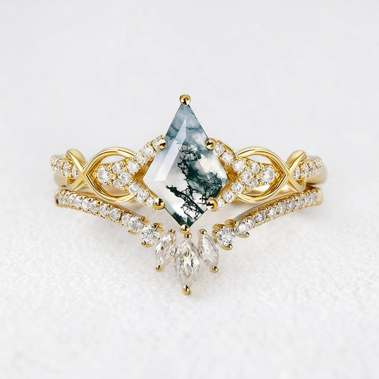 Vivienne’s Greensward | Kite Cut Moss Agate Chevron Bridal Duo