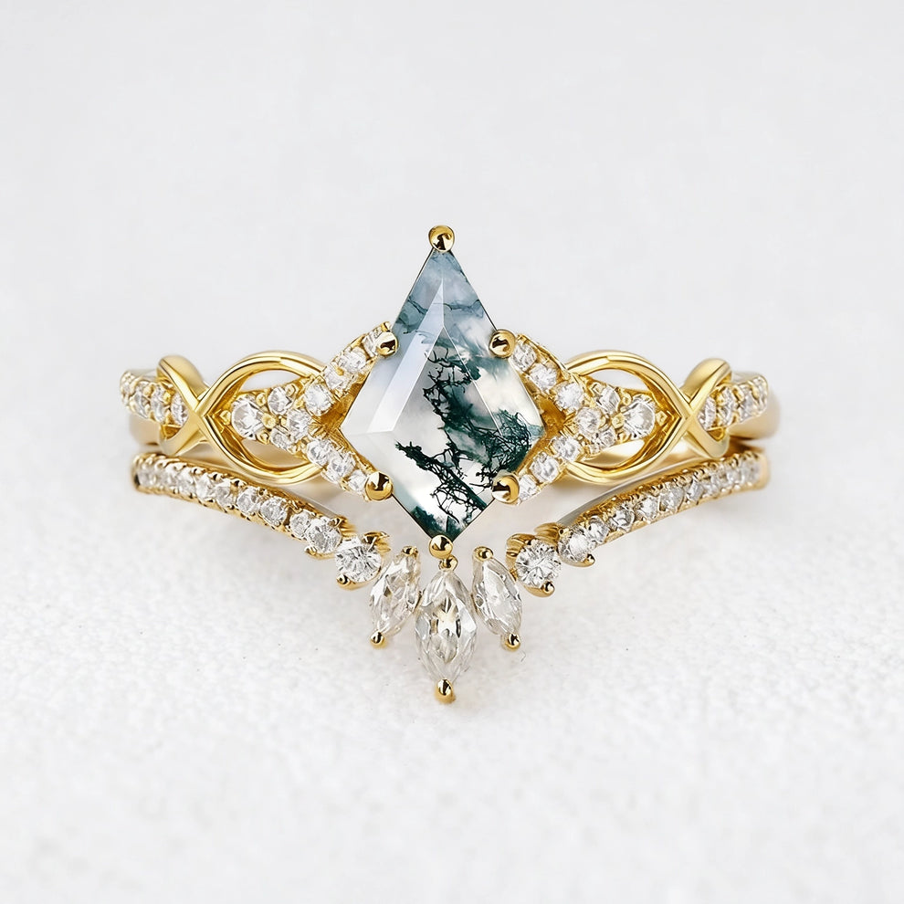 Vivienne’s Greensward | Kite Cut Moss Agate Chevron Bridal Duo