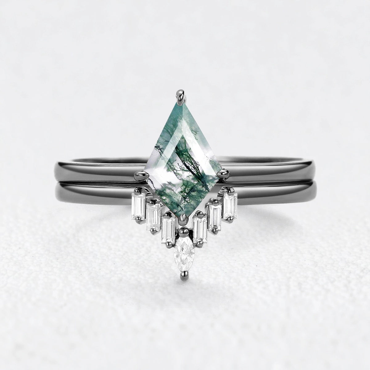 Helena’s Arbor | Kite Moss Agate with Baguette Chevron Bridal Duo