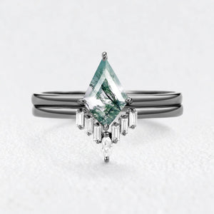 Helena’s Arbor | Kite Moss Agate with Baguette Chevron Bridal Duo