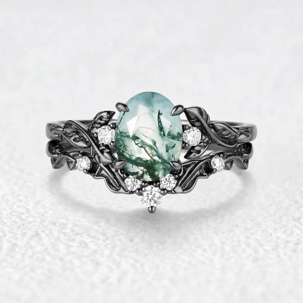 Rosalind’s Arbor | Oval Cut Moss Agate Leaf Branch Bridal Set 2pcs.