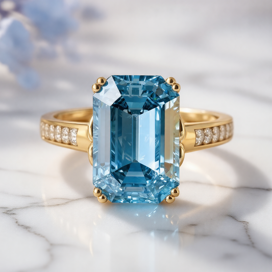 Marina's Tide | 5CT Emerald Cut Blue Gemstone Ring.