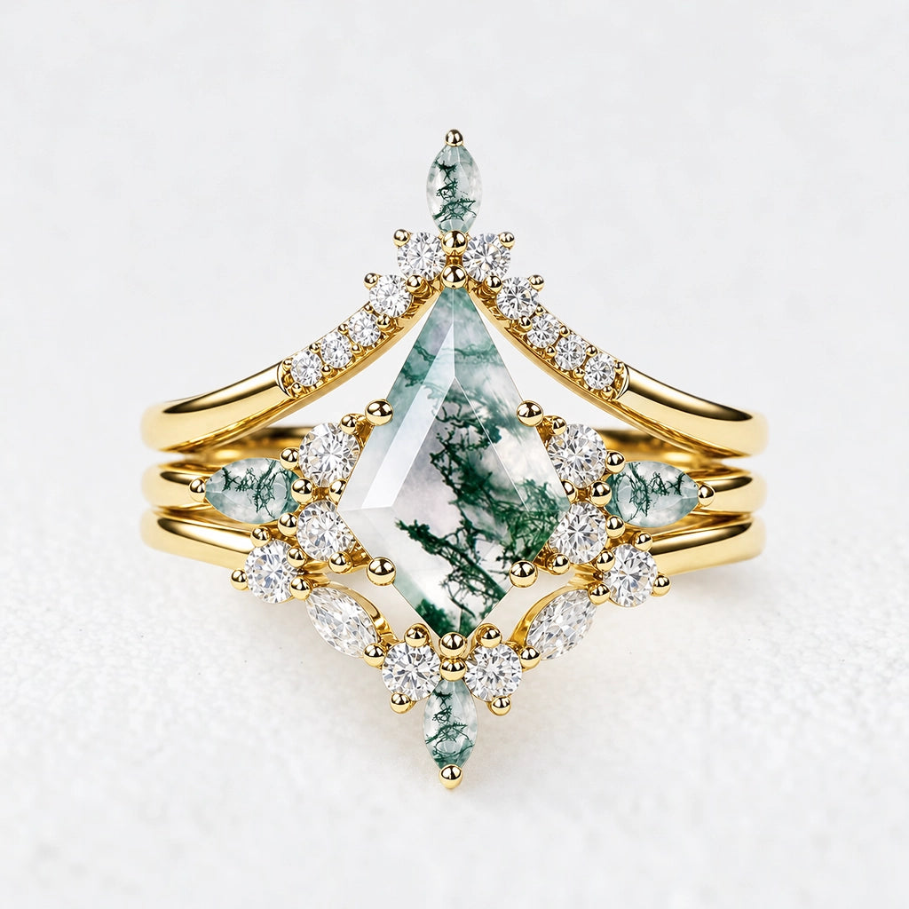 Sylvie’s Chevron | Kite Cut Green Moss Agate Engagement Ring Set 3pcs