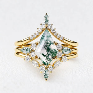 Sylvie’s Chevron | Kite Cut Green Moss Agate Engagement Ring Set 3pcs