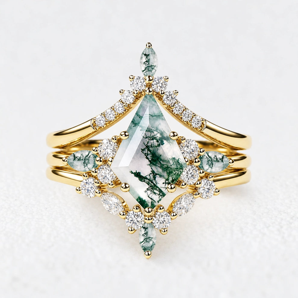 Sylvie’s Chevron | Kite Cut Green Moss Agate Engagement Ring Set 3pcs