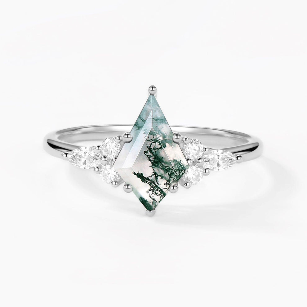 Unique Moss Agate Kite Cut Three Sides Stone Engagement Ring.