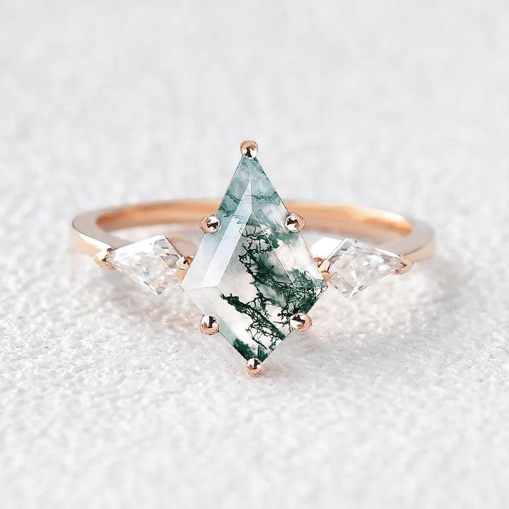 Moss Agate Kit Cut Three-stone Bezel Engagement Ring.