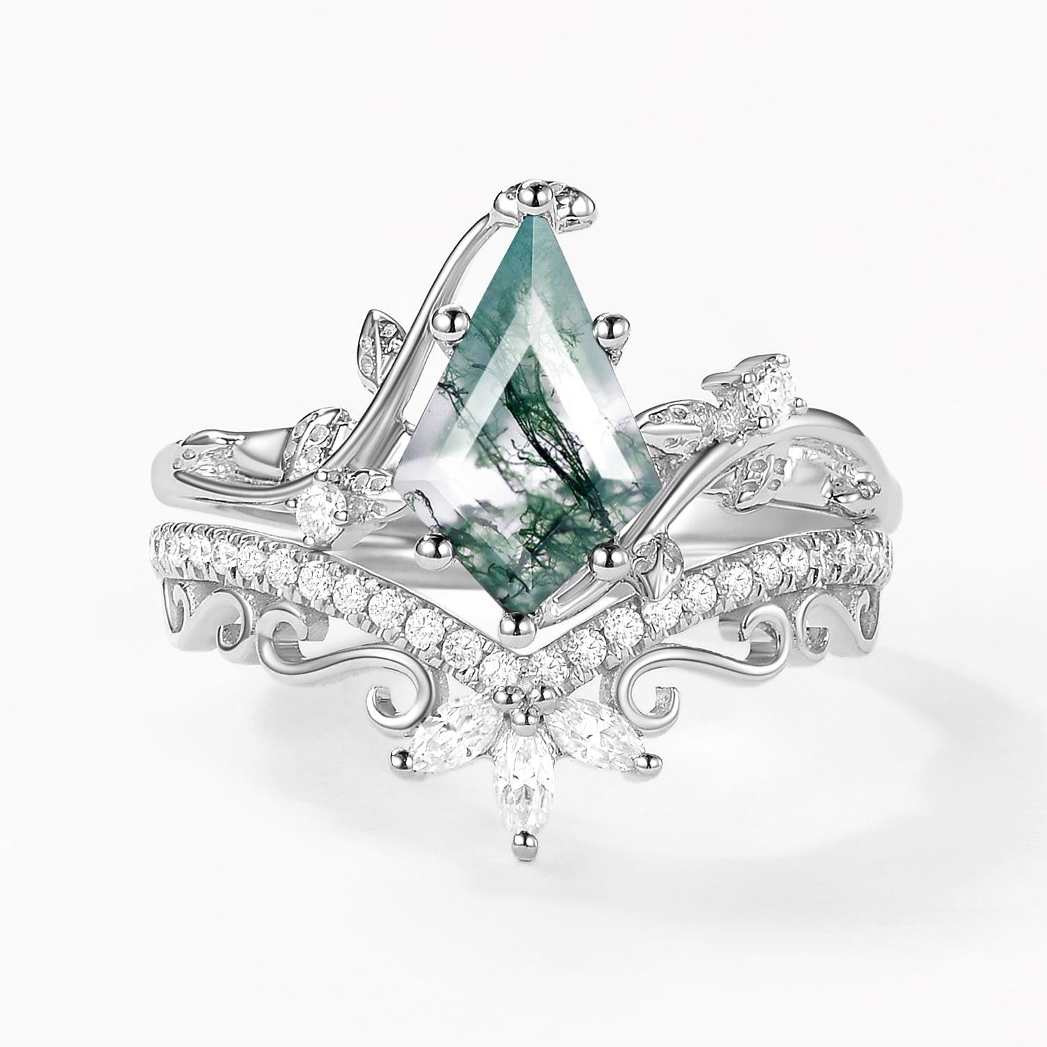 Daniella 2.0ct Vintage Kite Cut Moss Agate Engagement Ring Set 2pcs.