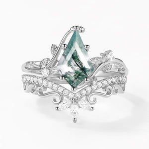 Daniella 2.0ct Vintage Kite Cut Moss Agate Engagement Ring Set 2pcs.
