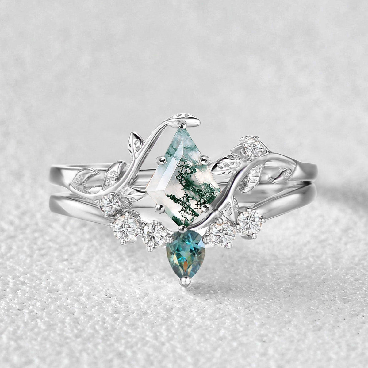 Sylvie’s Brook | Kite Cut Moss Agate & Teal Sapphire Leafy Bridal Set 2pcs.