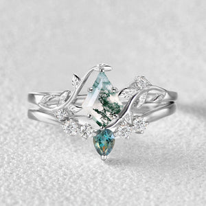 Sylvie’s Brook | Kite Cut Moss Agate & Teal Sapphire Leafy Bridal Set 2pcs.