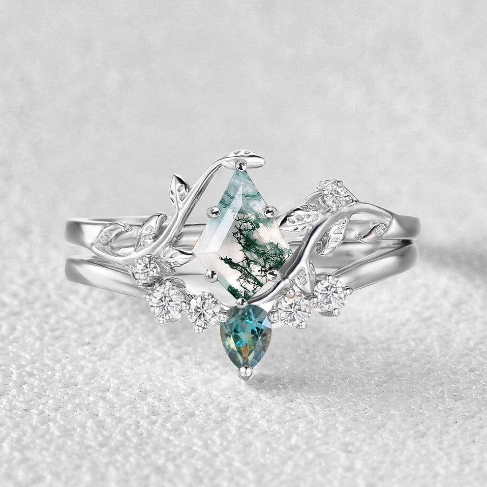 Sylvie’s Brook | Kite Cut Moss Agate & Teal Sapphire Leafy Bridal Set 2pcs.
