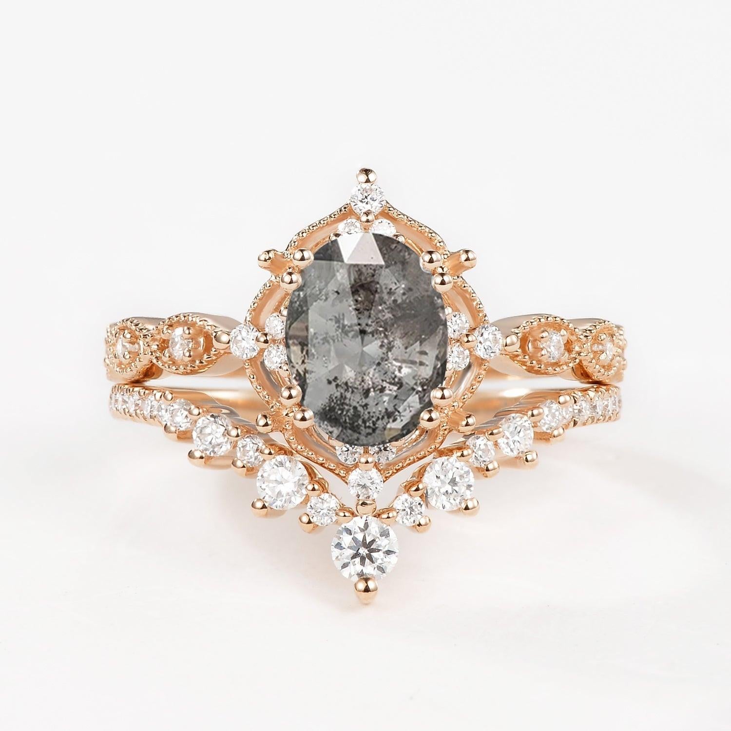 Charlotte 1.5ct Signature Moss Agate Vintage Ring Set 2pcs.
