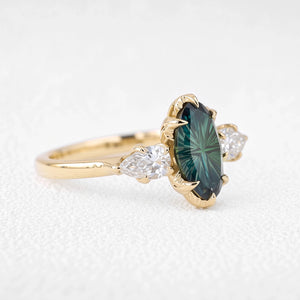 Artemis’s Viridian | Fantasy-Cut Marquise Green Sapphire Three-Stone Engagement Ring