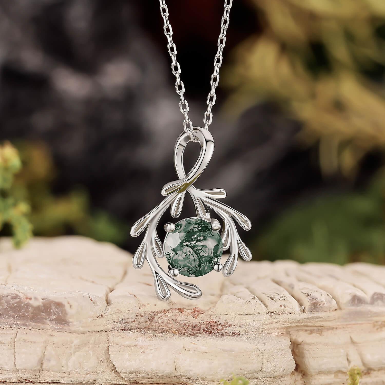 Round Natural Moss Agate Olive Branch Silver Charm Necklace.