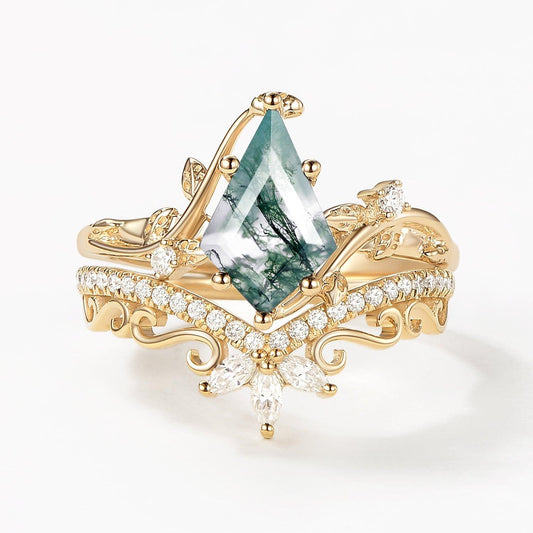 Daniella 2.0ct Vintage Kite Cut Moss Agate Engagement Ring Set 2pcs.