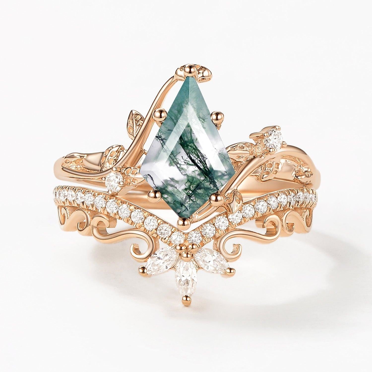 Daniella 2.0ct Vintage Kite Cut Moss Agate Engagement Ring Set 2pcs.