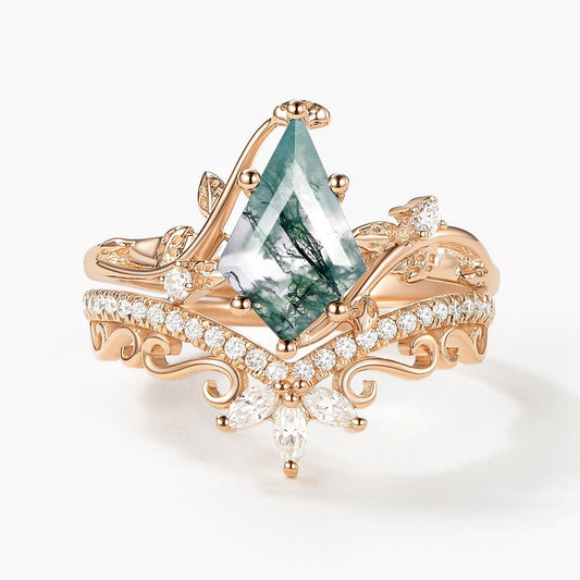 Daniella 2.0ct Vintage Kite Cut Moss Agate Engagement Ring Set 2pcs.