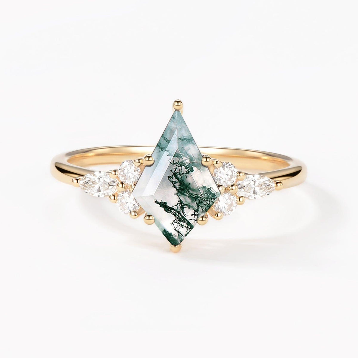 Unique Moss Agate Kite Cut Three Sides Stone Engagement Ring.