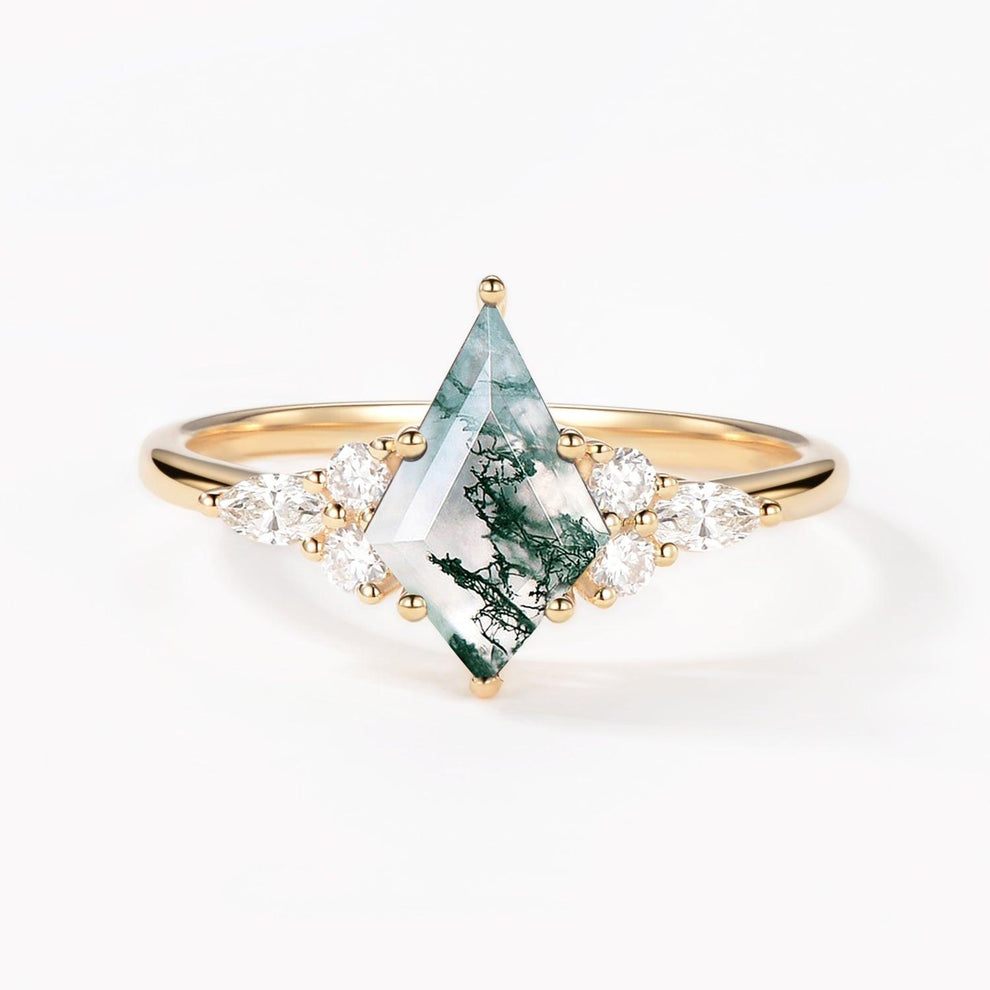 Unique Moss Agate Kite Cut Three Sides Stone Engagement Ring.