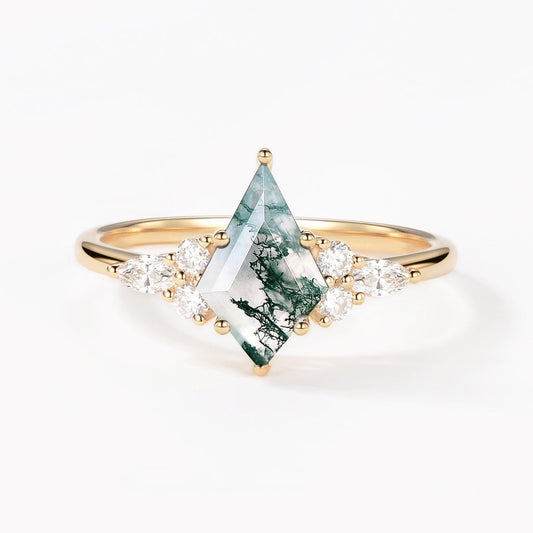 Unique Moss Agate Kite Cut Three Sides Stone Engagement Ring.