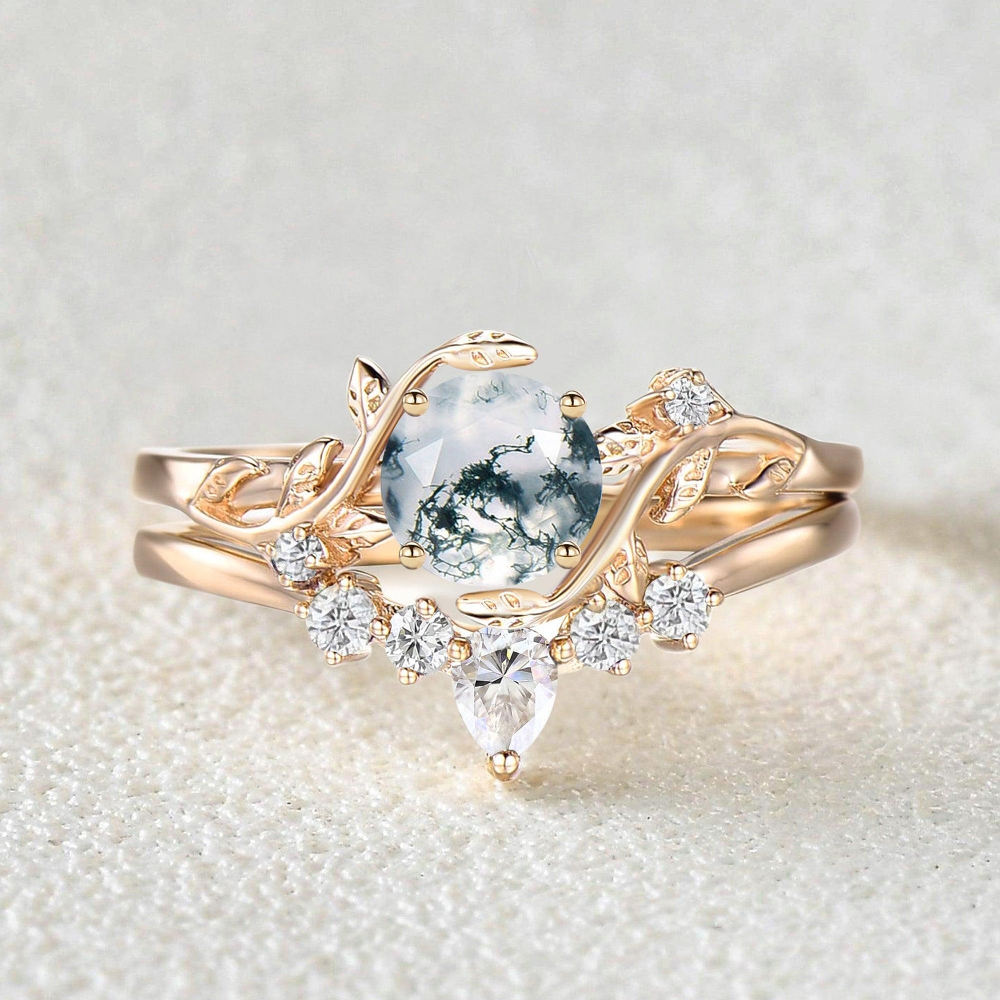 Willow Unique Round Cut Moss Agate Leafy Bridal Ring Sets 2pcs.