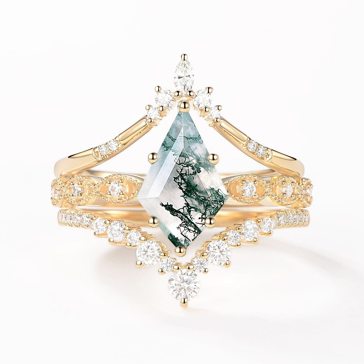 Vintage Kite Cut Moss Agate Engagement Ring Set 3pcs.
