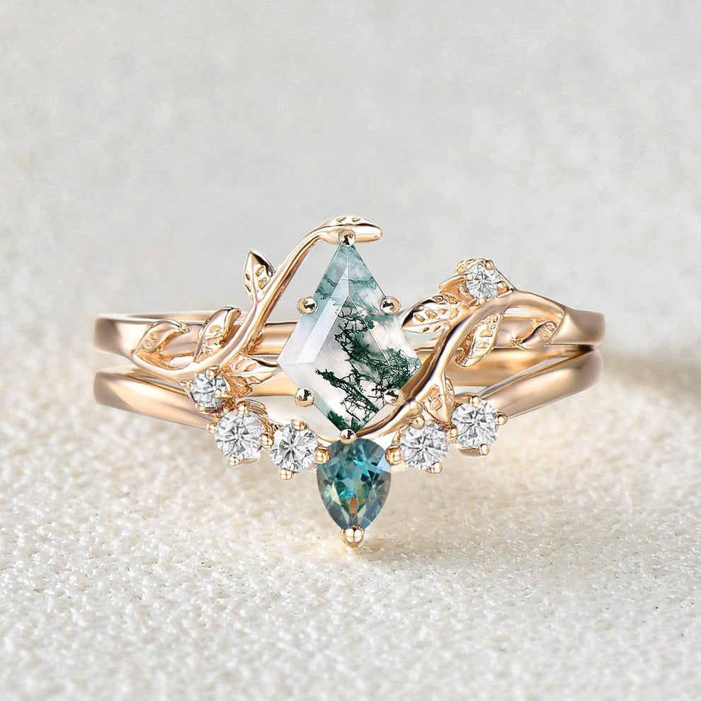 Sylvie’s Brook | Kite Cut Moss Agate & Teal Sapphire Leafy Bridal Set 2pcs.