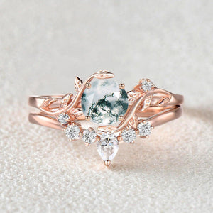 Willow Unique Round Cut Moss Agate Leafy Bridal Ring Sets 2pcs.