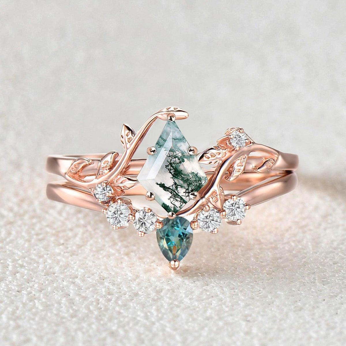 Sylvie’s Brook | Kite Cut Moss Agate & Teal Sapphire Leafy Bridal Set 2pcs.