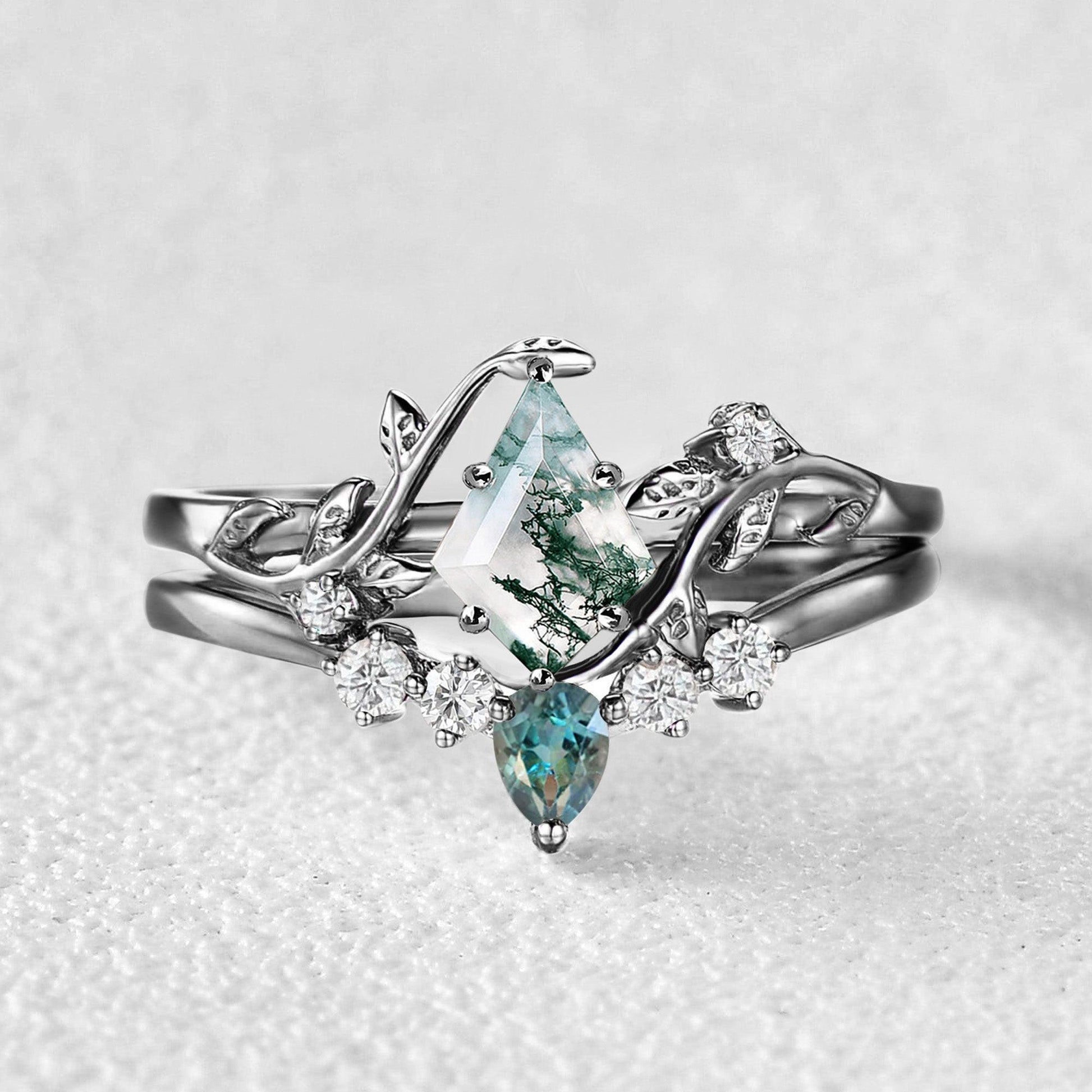 Sylvie’s Brook | Kite Cut Moss Agate & Teal Sapphire Leafy Bridal Set 2pcs.