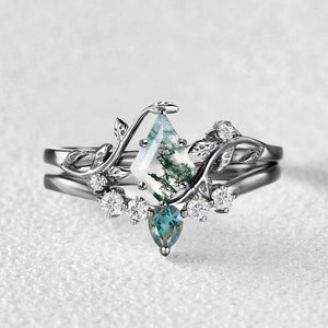Sylvie’s Brook | Kite Cut Moss Agate & Teal Sapphire Leafy Bridal Set 2pcs.