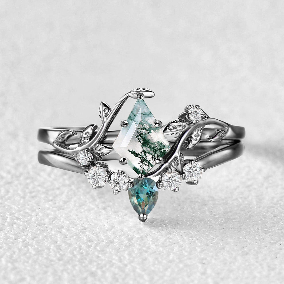 Sylvie’s Brook | Kite Cut Moss Agate & Teal Sapphire Leafy Bridal Set 2pcs.