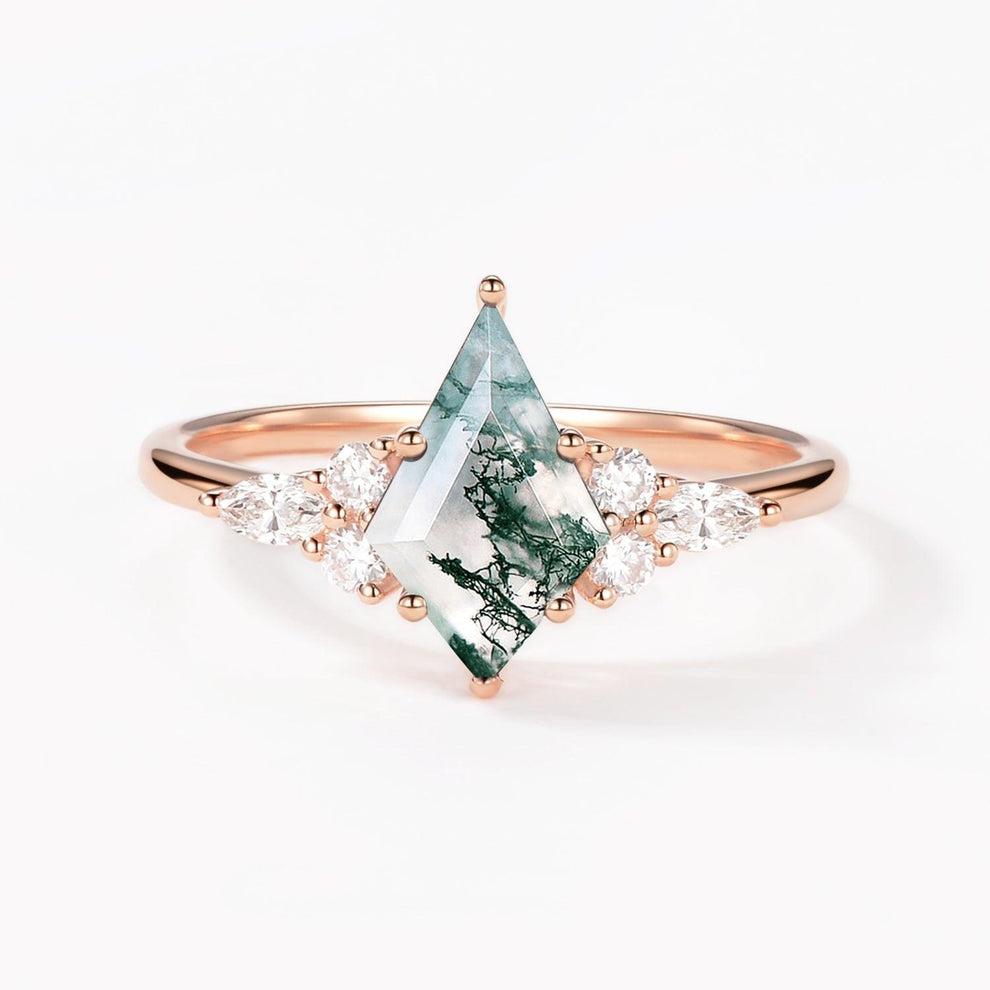 Unique Moss Agate Kite Cut Three Sides Stone Engagement Ring.