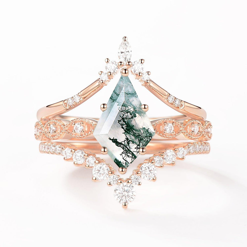 Vintage Kite Cut Moss Agate Engagement Ring Set 3pcs.