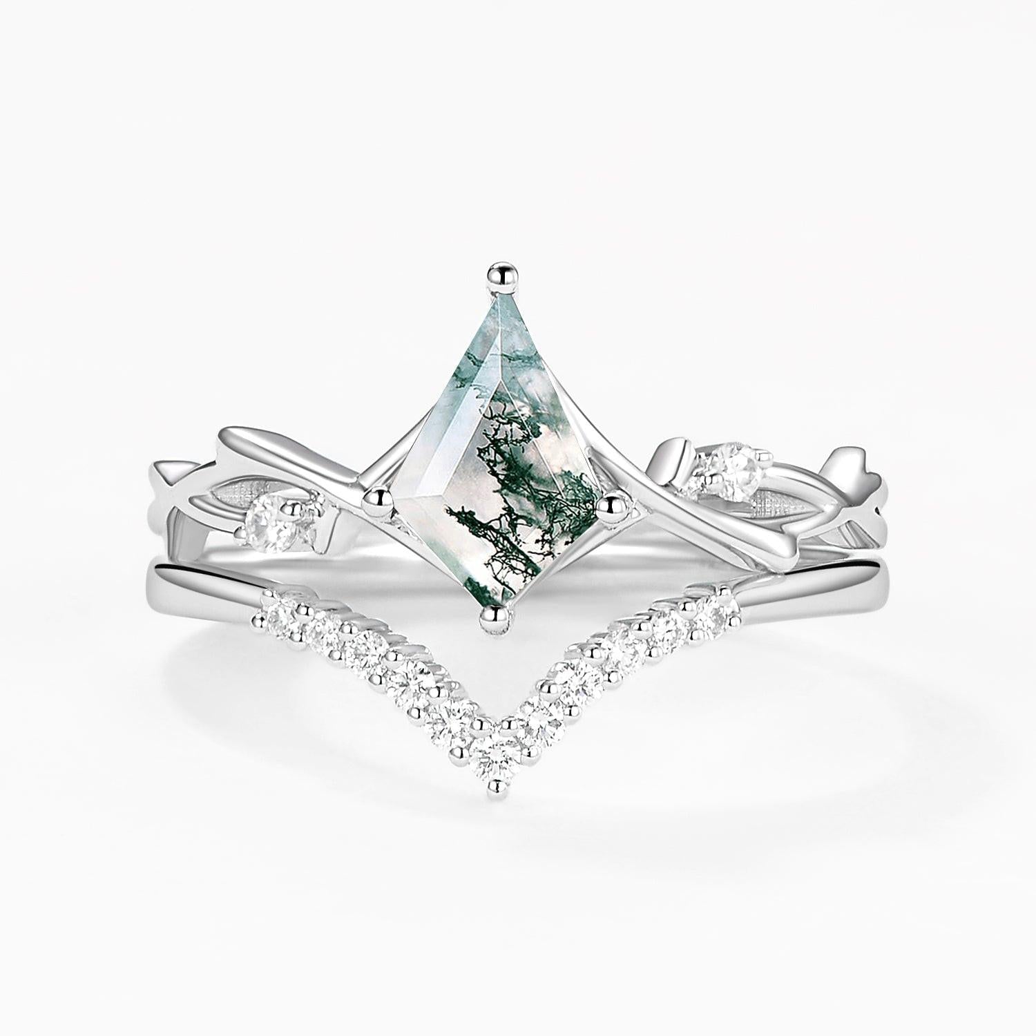 Branch Kite Cut Natural Moss Agate Minimalist Engagement Ring Sets 2pcs - Crest.