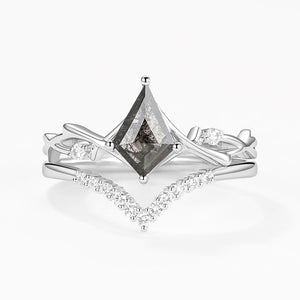 Branch Kite Cut Natural Moss Agate Minimalist Engagement Ring Sets 2pcs - Crest.