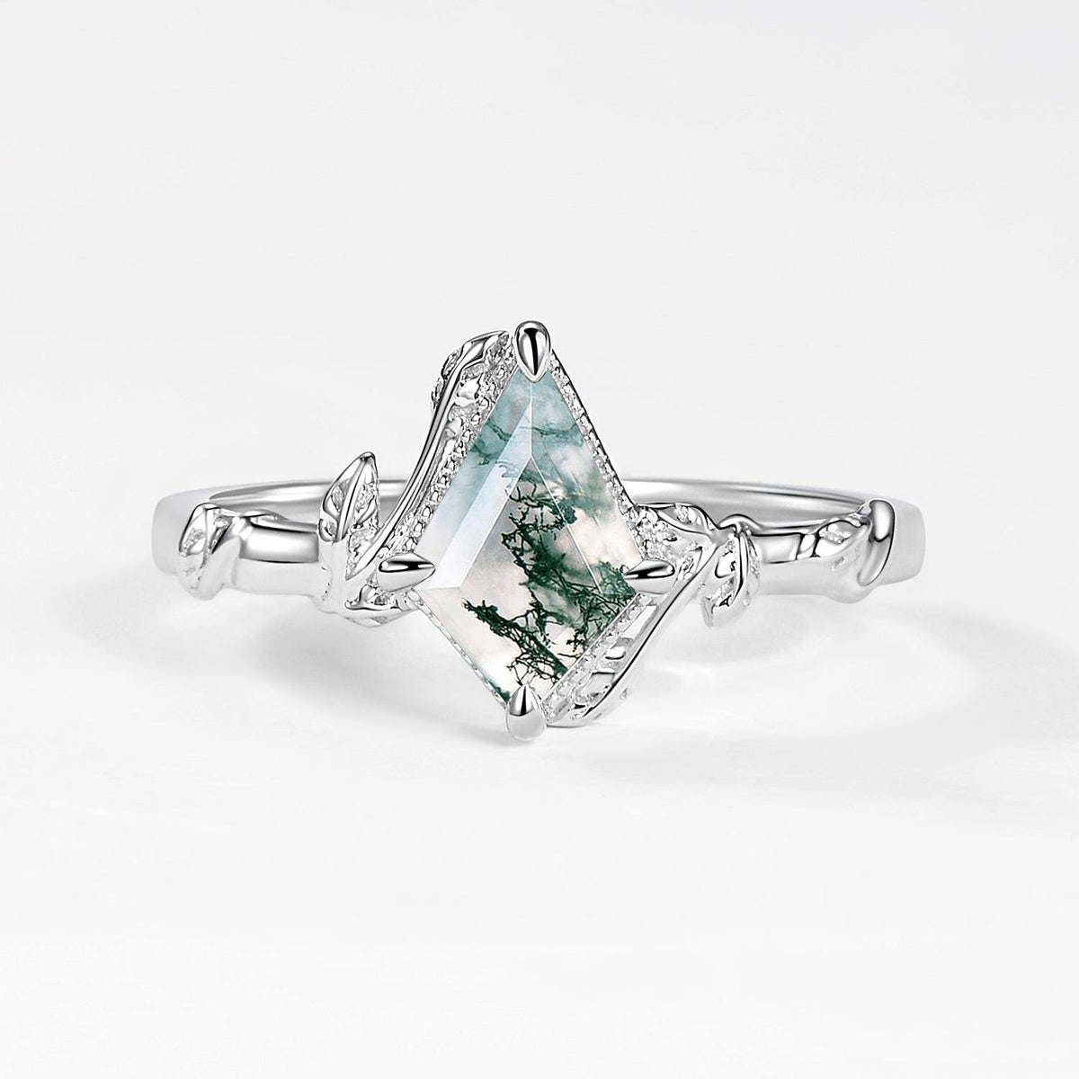 Delphine’s Twine | Kite Cut Moss Agate Leafy Engagement Ring.