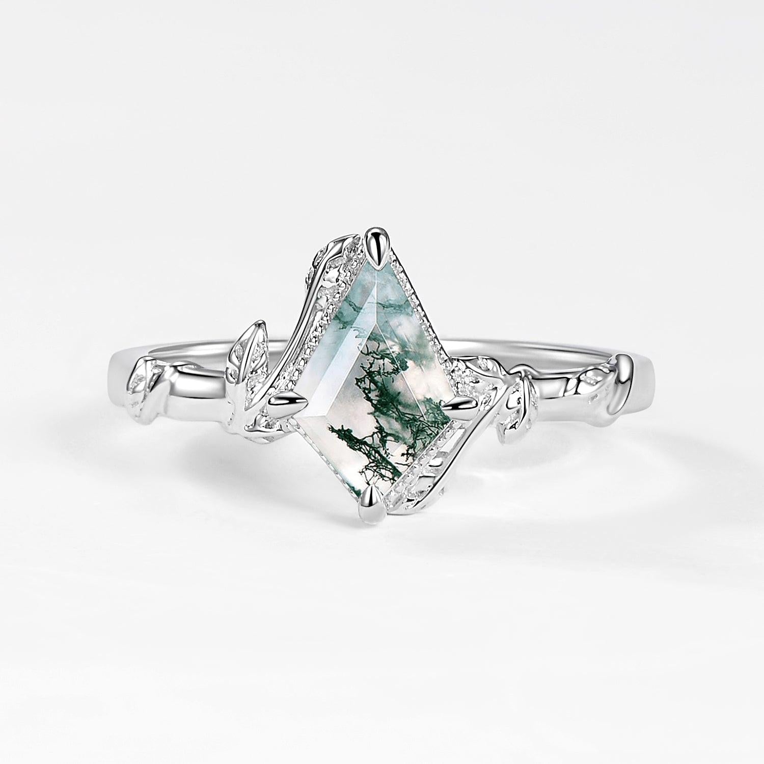 Delphine’s Twine | Kite Cut Moss Agate Leafy Engagement Ring.