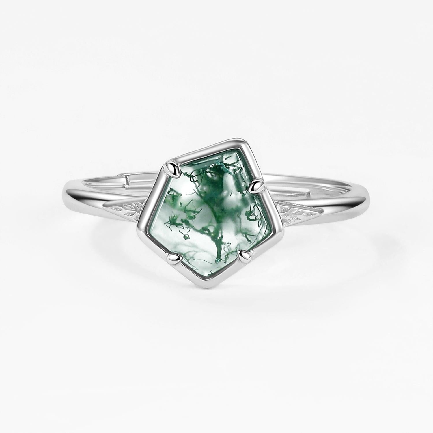 Unique Pentagon Moss Agate Leafy Bezel Engagement Ring.